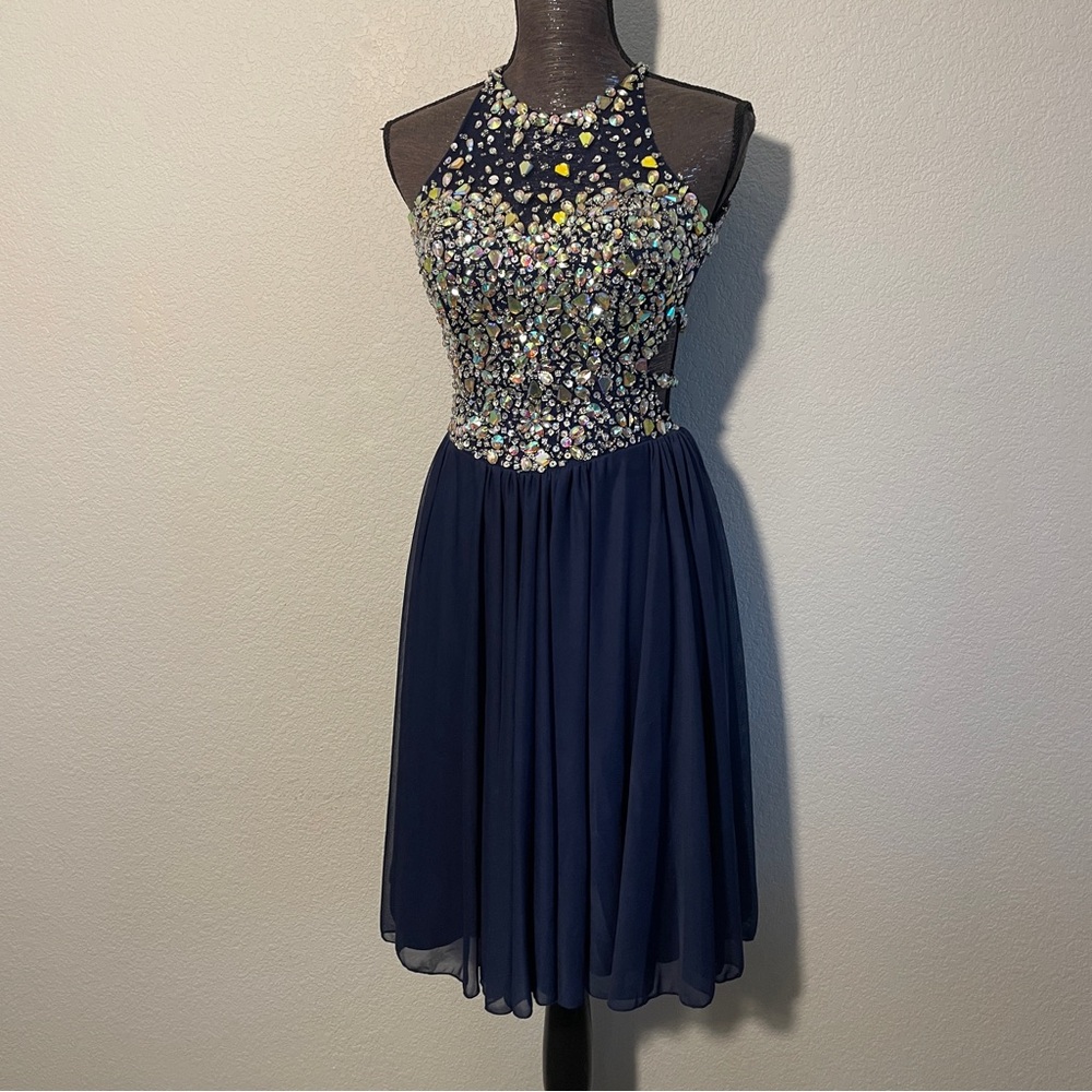 Terani Couture Navy and Multicolor Embellished Prom Dress